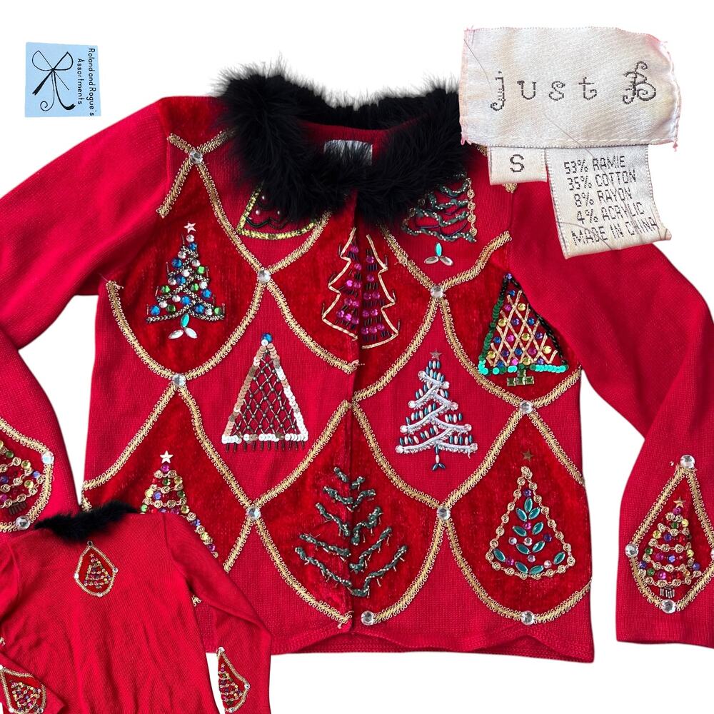 Just B Sequined Beaded Holiday Christmas Trees Sweater Sz S